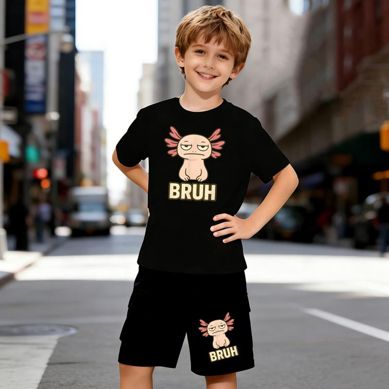 

Boys 2 Piece Cute Cartoon Pattern Print Outfit, Short Sleeve T-Shirt and Shorts Set for Kids Age 5-14,Black and White Sporty Casual Summer Clothes 5-6 Years чёрный