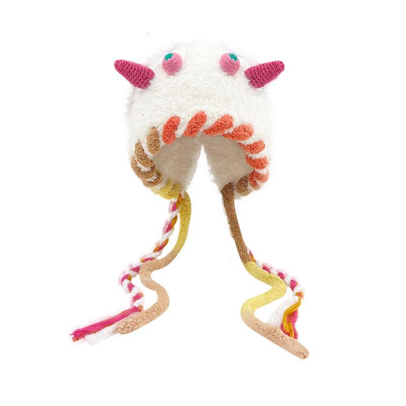 Cute Plush Hat Women's Autumn and Winter Colorful Fringed Braids Knitted Pullover Hat Ear Protector