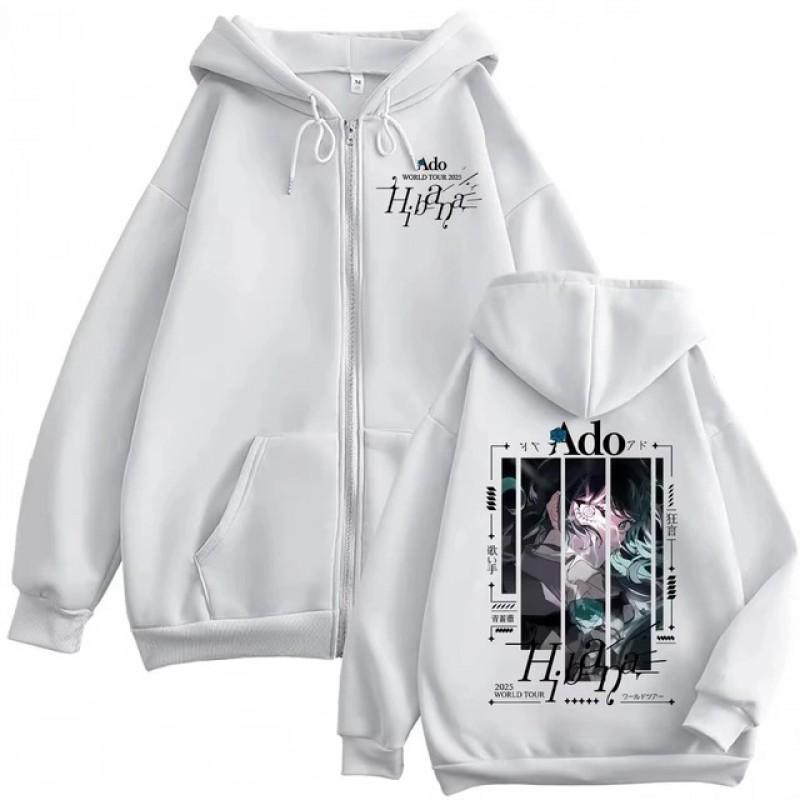 Ado Hibana World Tour Zipper Hoodie Womens Harajuku Style Oversized Print Sweatshirt Black White Gray