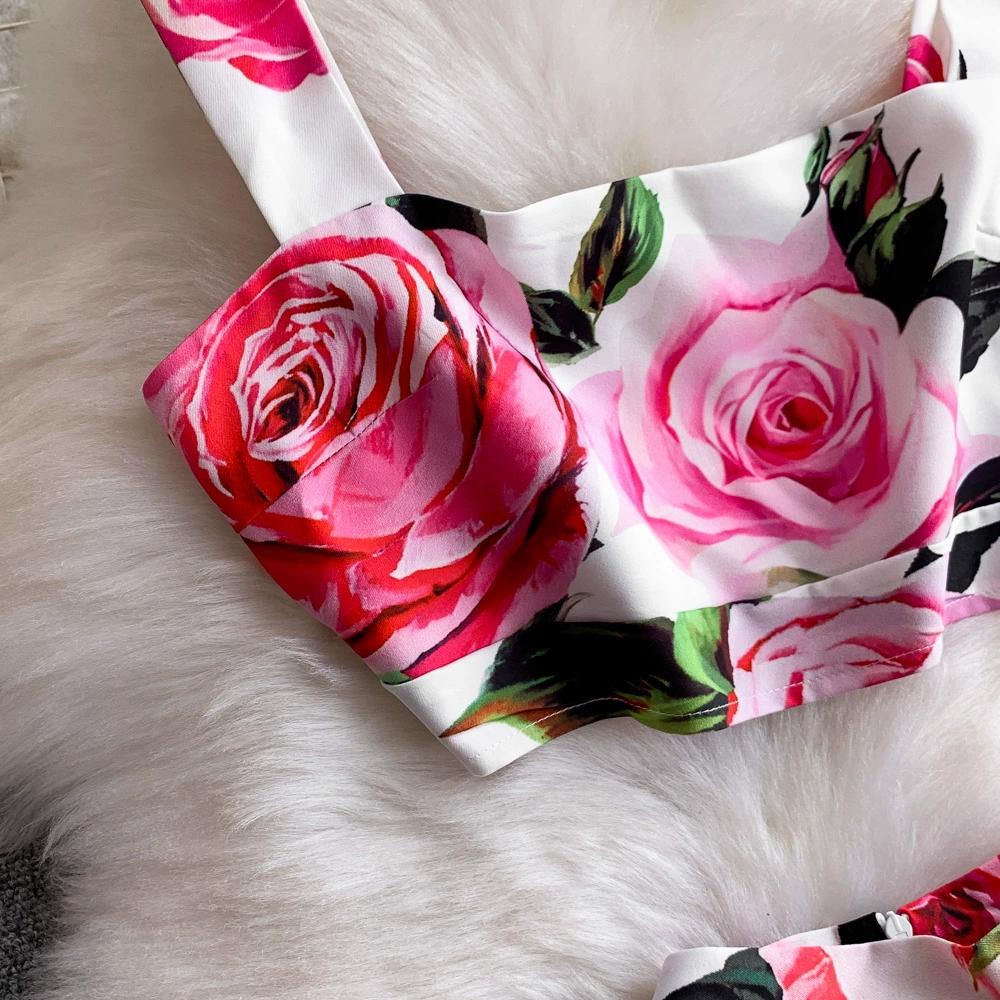 Summer Designer Rose Print Runway 2 Piece Set Women's Spaghetti Strap Vest Tops And Long Midi Skirt Holiday Beach Suit