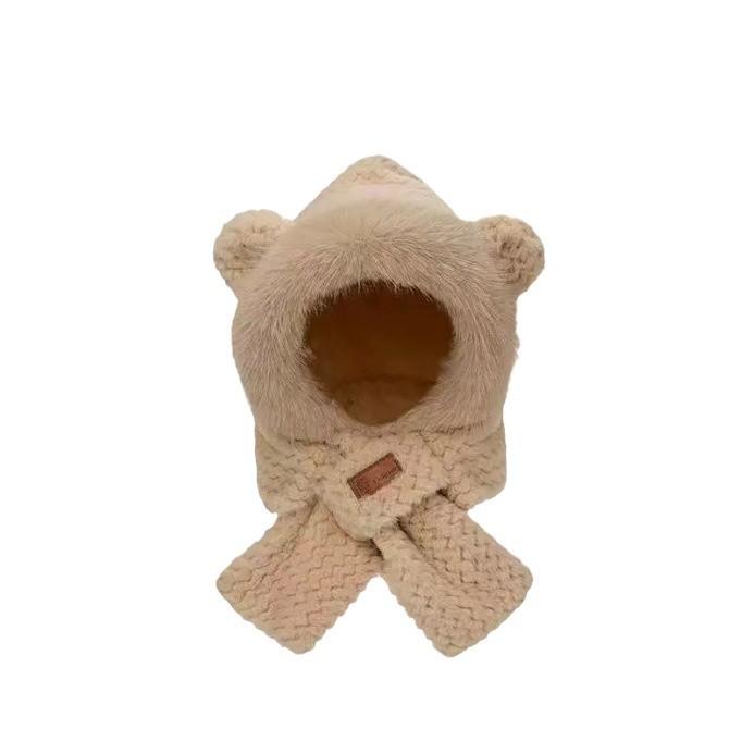 Plush Cute Bear Hat and Scarf Integrated, Autumn and Winter Riding Cold Protection and Warm Ear Protection Lei Feng Hat Integrated