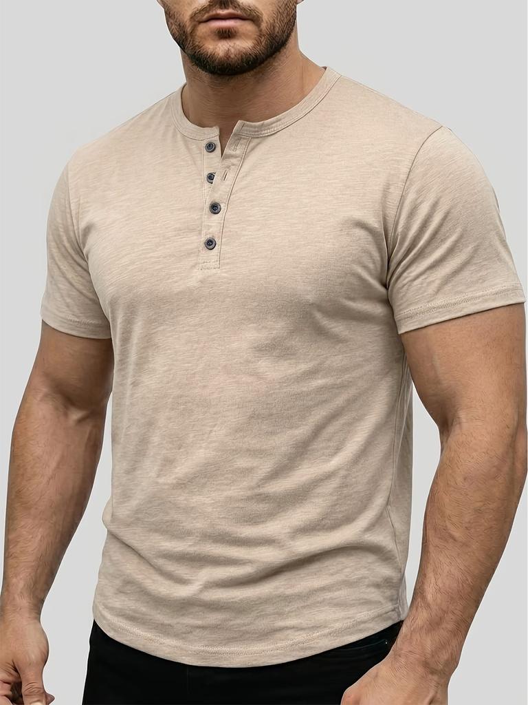 Men's White Short Sleeve Henley with Three-Button Placket - Lightweight Cotton Summer Casual Top