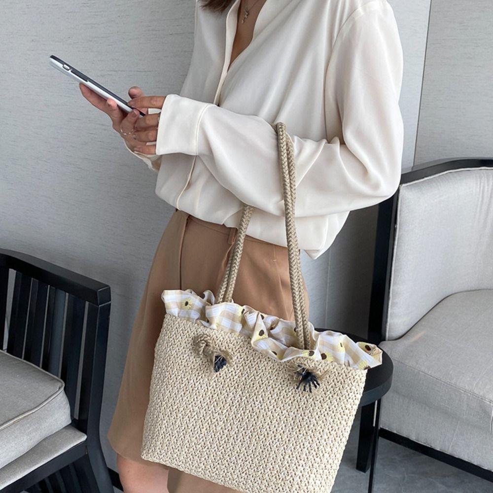 

Большая вместительная соломенная сумка, корейский стиль, женская плетеная сумка, простая плетеная пляжная сумка, сумка для хранения бежевый