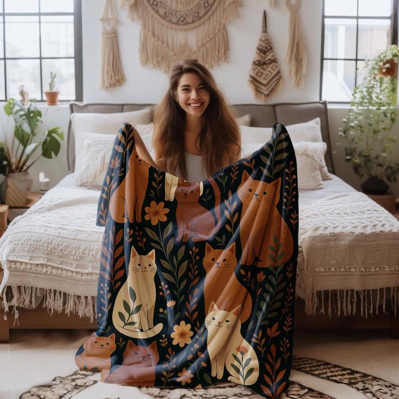 Folk Art Cat Blanket Fleece Flannel Throw – Earthy Floral Cat Decor – Cozy Soft Kitty Blanket–Cute Gift for Cat Lover