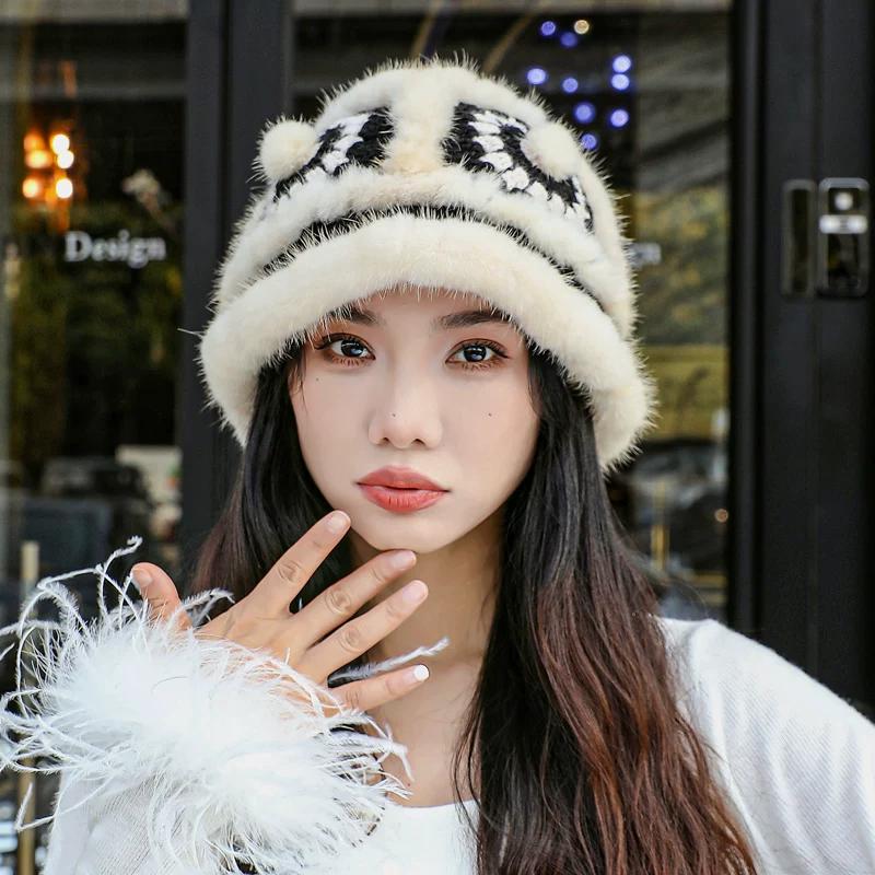 

Зимняя меховая шапка-лев из норки Женская милая модная плюшевая вязаная шапка Шапка-ушанка с меховой головой тигра One Size