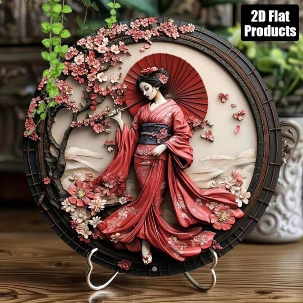 Vintage Japanese Lady Metal Art Sign with Cherry Blossom Red Decor Weatherproof Iron Wall Plaque