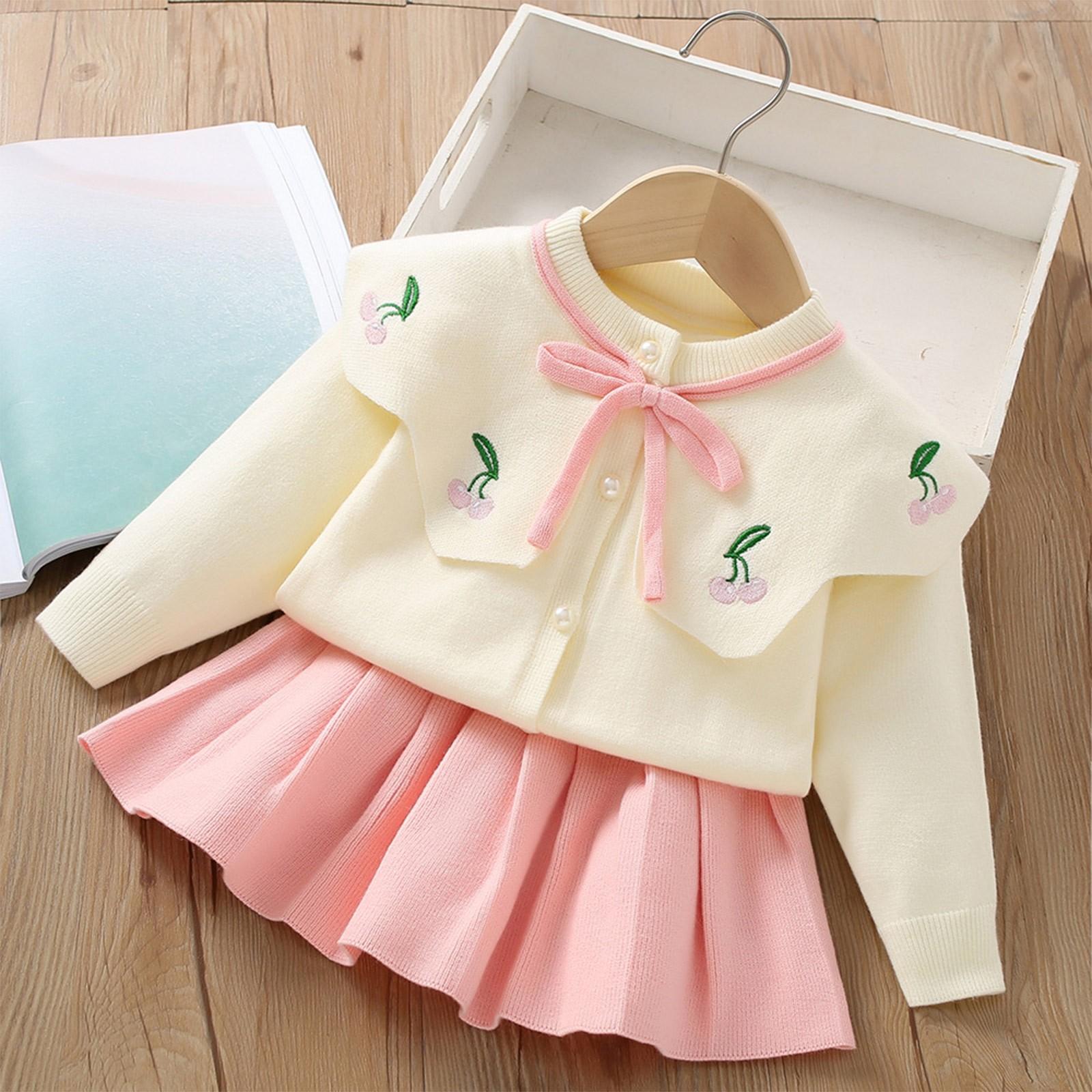 

Комплект для девочек, вязаный детский комплект из двух частей с воротником и вышивкой, юбка 90 розовый