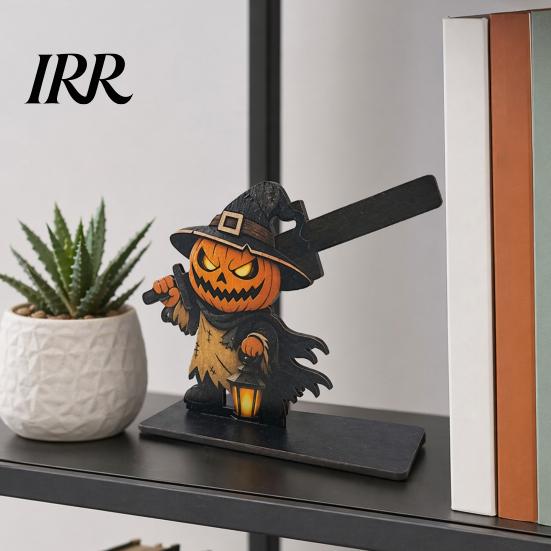 Festive Table Decor Halloween Sign, Spooky Ghost Grim Reaper Black Cat Pumpkin Scarecrow Realistic Patterns Wooden Tabletop Centerpiece for