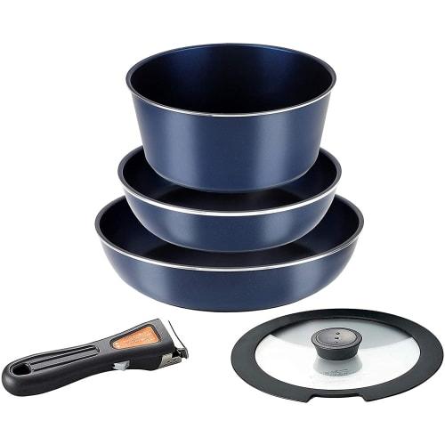 Pearl Metal 5-Piece Frying Pan and Pot Set, Induction Compatible, Dark Blue, Diamond Coat, Removable Handles, HB-3975
