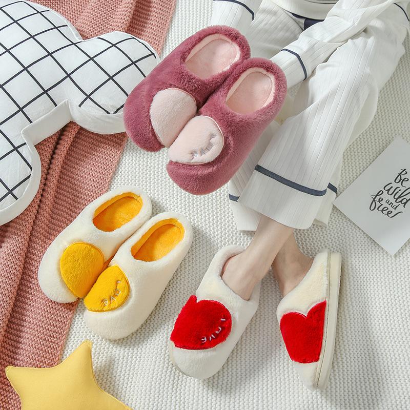 Fashion Women House Slippers Female Flock Heart-shaped Warm Plush Flat Slipper Lady Comfortable Indoor Home Cotton Shoe Women's Footwear
