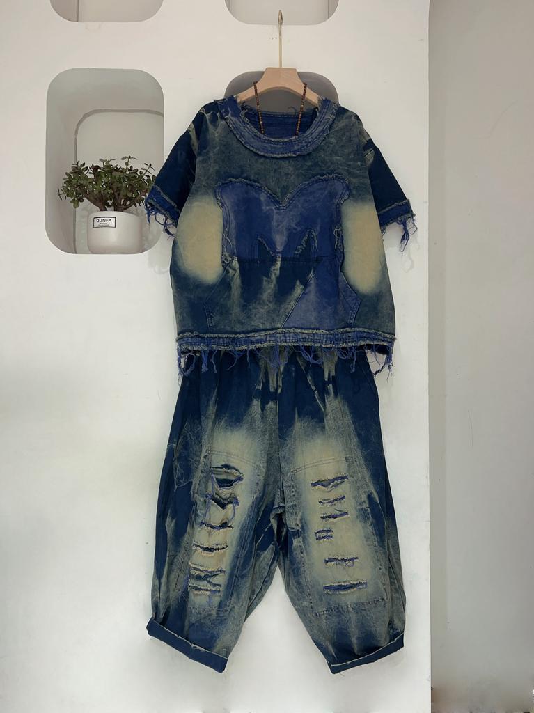 Personalized contrasting colors make old denim rough edge short-sleeved tops Harlan pants two-piece set women's summer style foreign style fashion