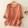 Summer Retro Blouse Linen Women's T-shirt Loose Pullover Tee O-Neck Thin Shirt Three-quarter Sleeves