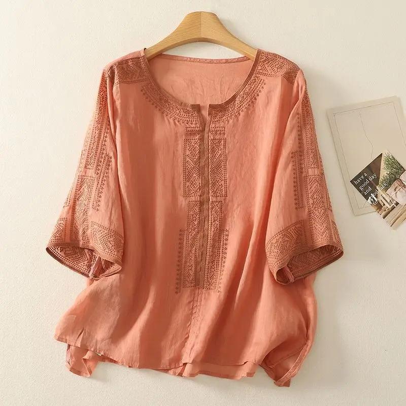 Summer Retro Blouse Linen Women's T-shirt Loose Pullover Tee O-Neck Thin Shirt Three-quarter Sleeves