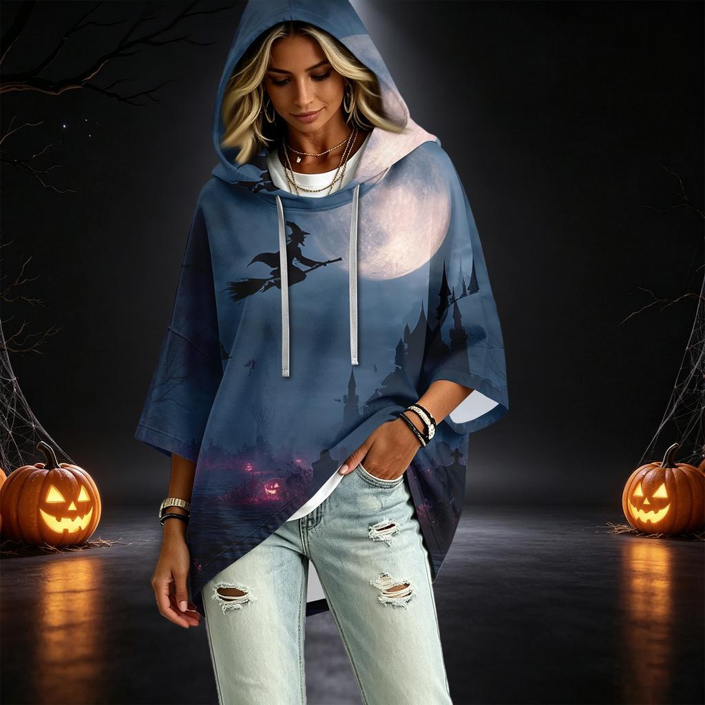 Women's Casual Three-Quarter Sleeve Halloween Print Hooded Pullover Top