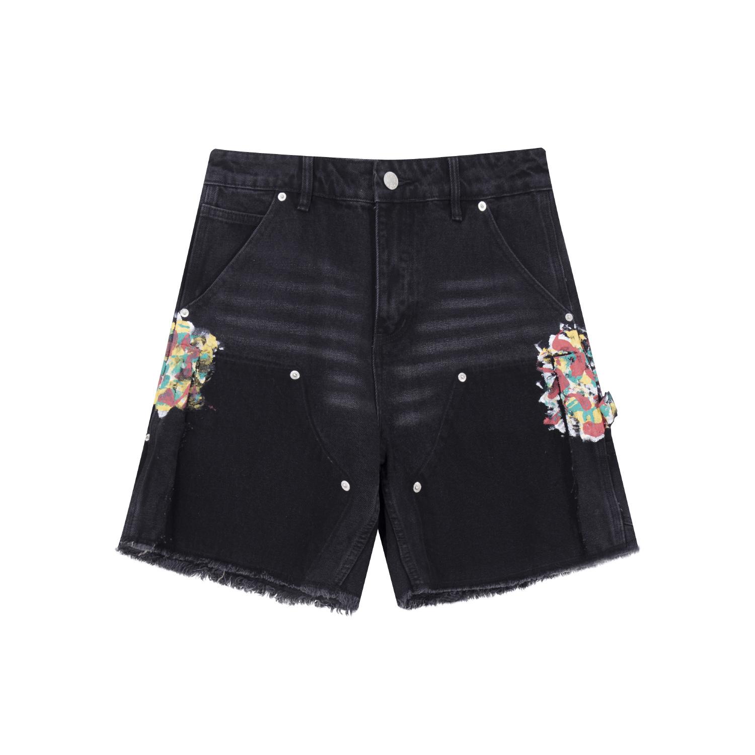 Men s Patchwork Denim Shorts Colorful Paint Splatter Casual Streetwear S