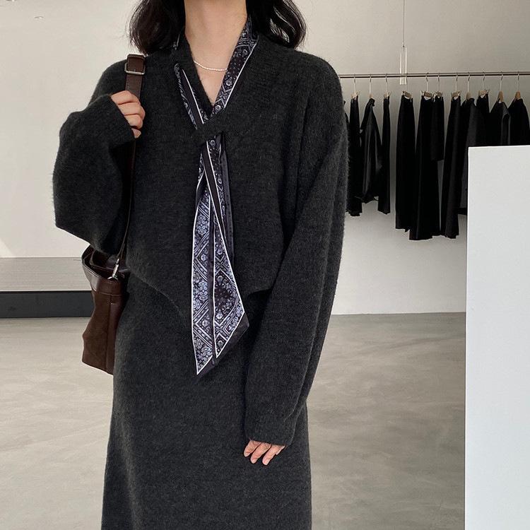 Elegant Autumn/Winter Two-Piece Set: Sweater Jacket & Half Skirt with Silk Scarf for Women.