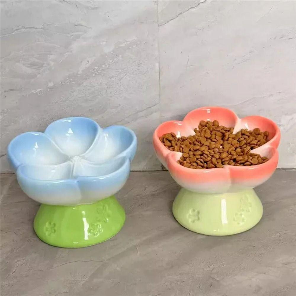 High Foot Raised Cat Feeder Flower Shape Ceramic Pets Dish Slow Feeder Cat Bowl  Puppy
