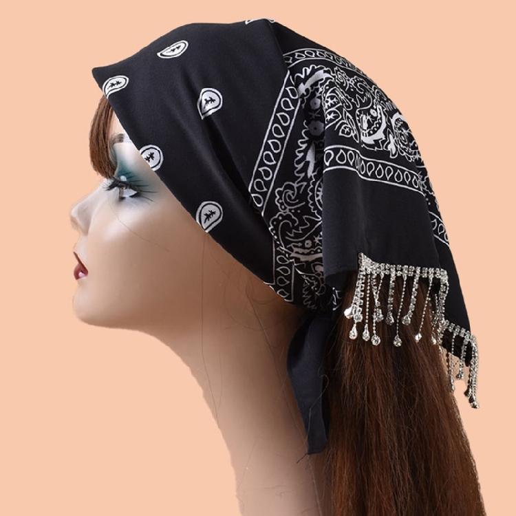 Cashew Flower Print Bandana for Adult Unisex Glittering Crystal Tassesls Head Scarf Neckerchief for Music Festival Party