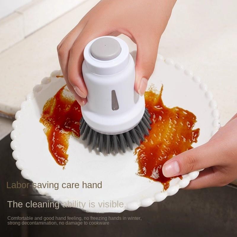 1pc Heavy Duty Press Type Dishwashing Brush with Non Slip Grip , Manual Scrubber for Pots, Pans, Plates , Non Scratch Kitchen, Bathroom Cleaning Brush