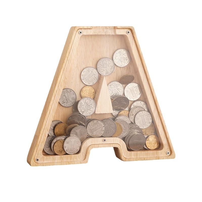 Wooden Alphabet Piggy Bank: Transparent Coin Storage Box for Kids