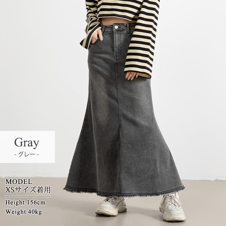 DAYCLOSET Long Denim Mermaid Fringed Skirt007 Women's Skirt, Lightweight, High-Waisted, Hem, Spring, Summer, Fall, (L, Gray)