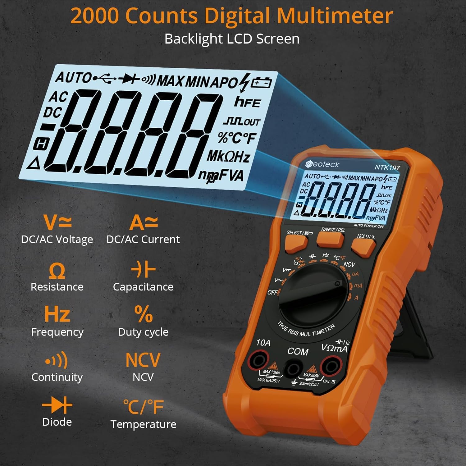 

2000 & 4000 Counts Digital Multimeter with NCV, Continuity, Temperature, Data Hold, Flashlight United States