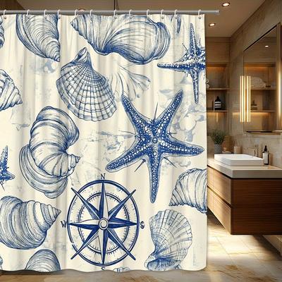 1 Piece Vintage Nautical Style Blue Shell and Starfish Shower Curtain, Polyester Fabric, Machine Washable, Suitable for Bathroom