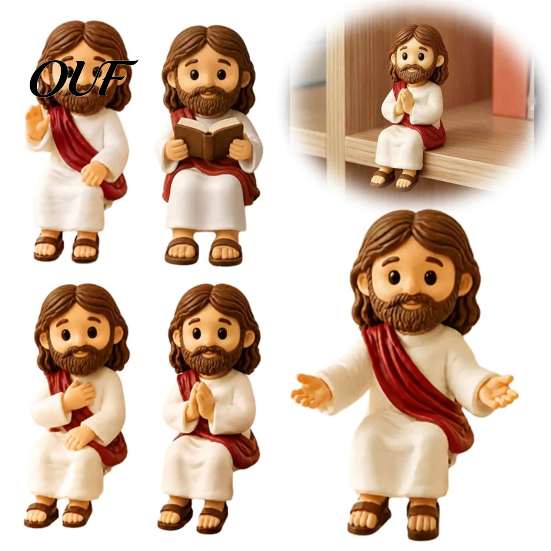 Handcrafted Resin Home Decor Cute Praying Jesus Figurine, Blessing Character Desktop Statue, Decorative Pieces for Bookshelf Religious Collectible