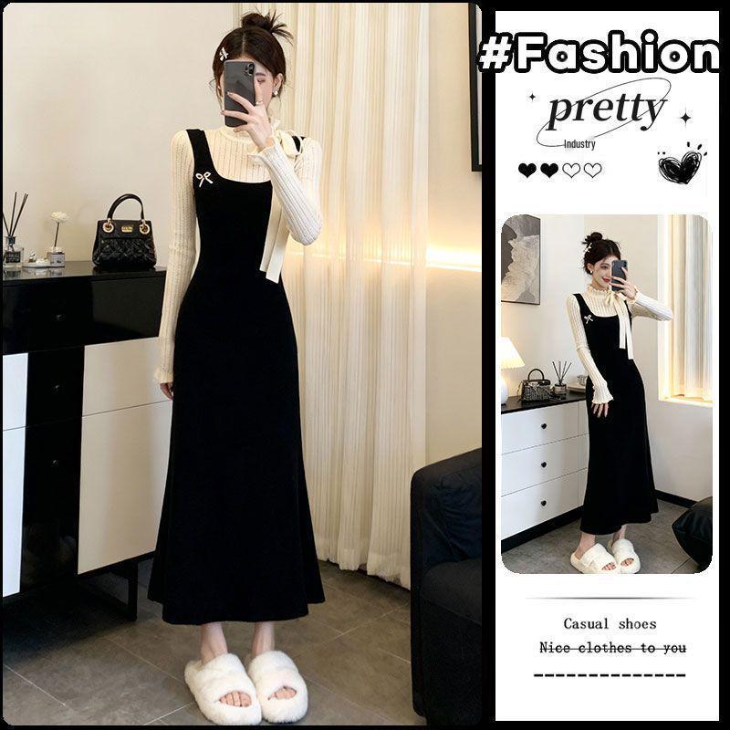 2026 New Women s French Style Color Block Bow Dress: Sweet Long Two-Piece Look S [Recommended for 40-48 kg]