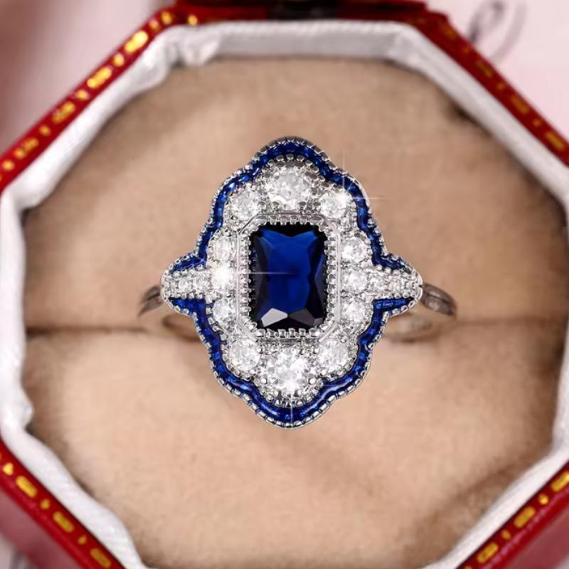 Retro Blue Rings Women Anniversary Evening Party Dazzling Cubic Zirconia CopperColor Elegant Lady's Ring Vintage Jewelry