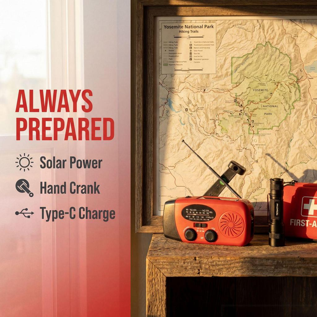 Portable Solar Hand-Crank Emergency Radio with Flashlight and SOS Alarm