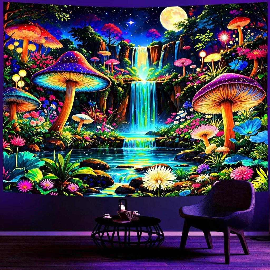Ine Ive Blacklight Fantasy Mushroom Forest Tapestry Aesthetic UV Reactive Waterfall Tapestries 60x51Inch Moon Night Wildflower Plant Landscape Black