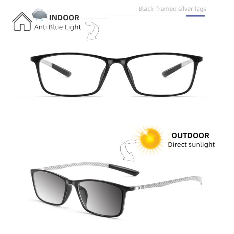 Nye motemerkedesign firkantede karbonfiber herrebriller utsøkte TR-innfatninger fotokromiske anti-blått lys herrelesebriller