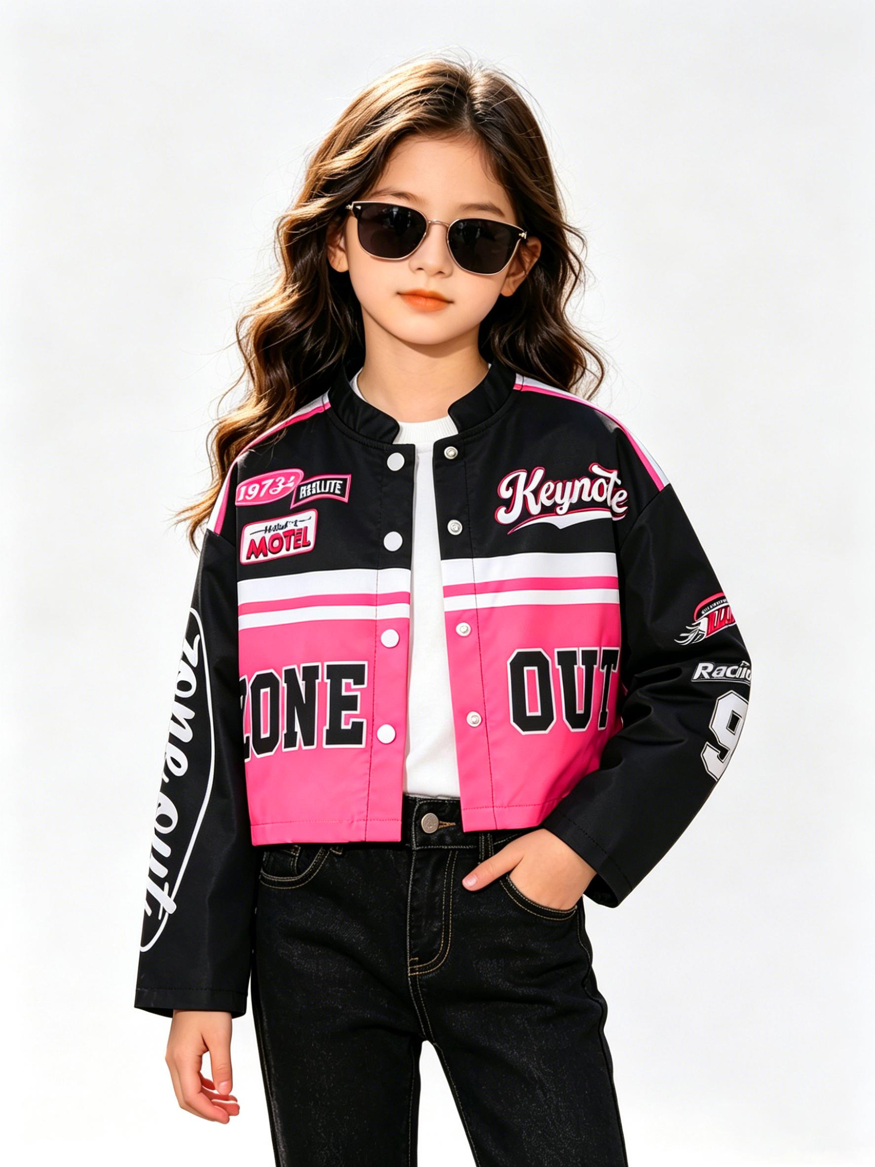 Girls 130-170cm Stylish Racing Color Block Letter Print Snap Button Short Jacket 130 розы бонбон