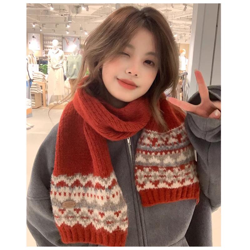 Women's Versatile Wool Blend Fair Isle Scarf for Autumn and Winter