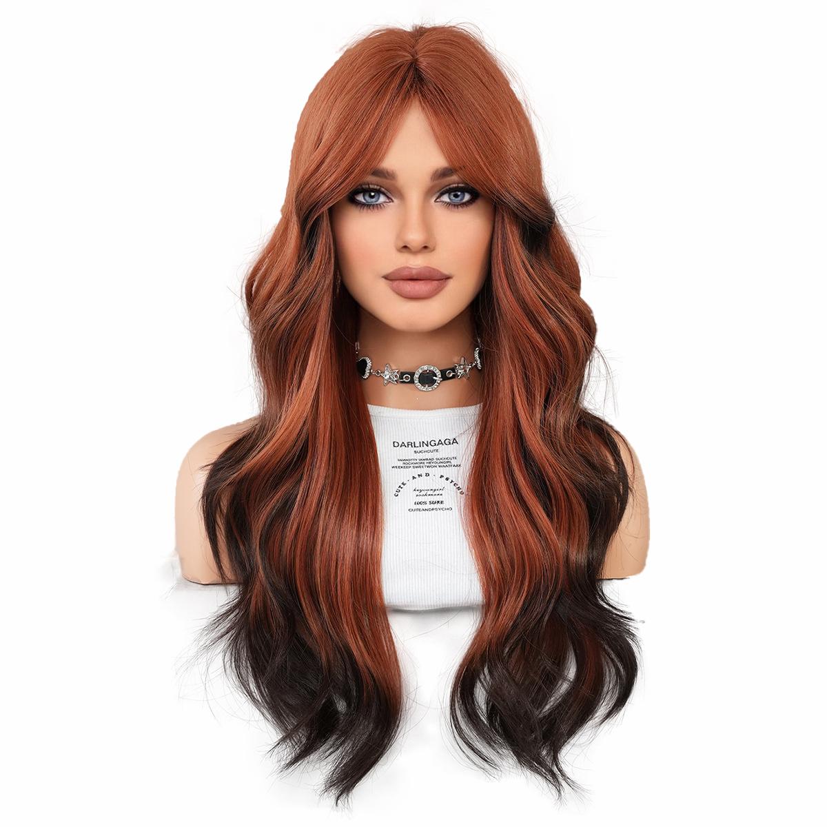 

TikTok Viral Flaming Orange Balayage Wig - Длинный волнистый с челкой-занавеской | Готовый бесклеевой парик для смелых модных женщин 65cm оранжевый