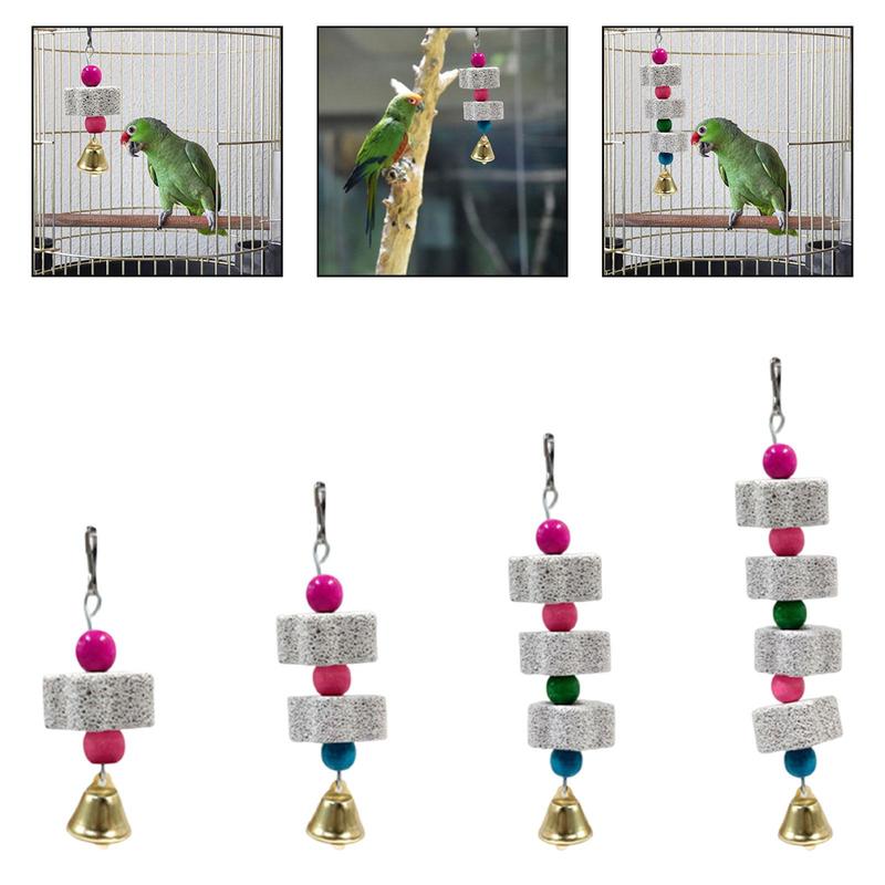 Parrot Teeth Grinding Hanging Toy Mineral Stone Wood Birdcage Accessories with Loud Bell for Small and Medium Birds