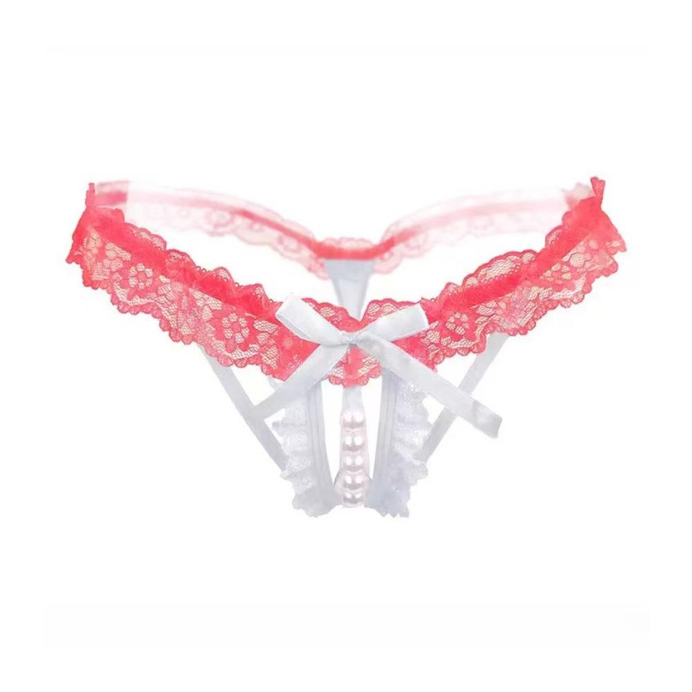 Open Crotch Lace Pearl Panties Low Waist See-through Thong Underwear for Women Ladies Girls