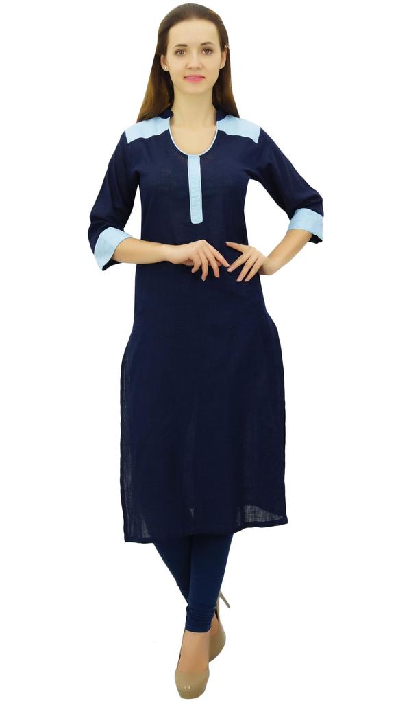 Bimba Women's Straight Kurta Slub Cotton Kurti Indian Long Tunic Blouse | Navy Blue|