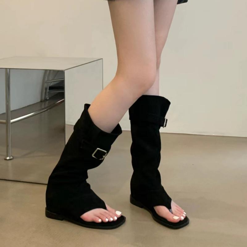 Fashion Spring New Cool Boots Women Fashion Square Head Suede Clip Toe Metal Buckle Slip-on Wear-resistant High Flat Shoes