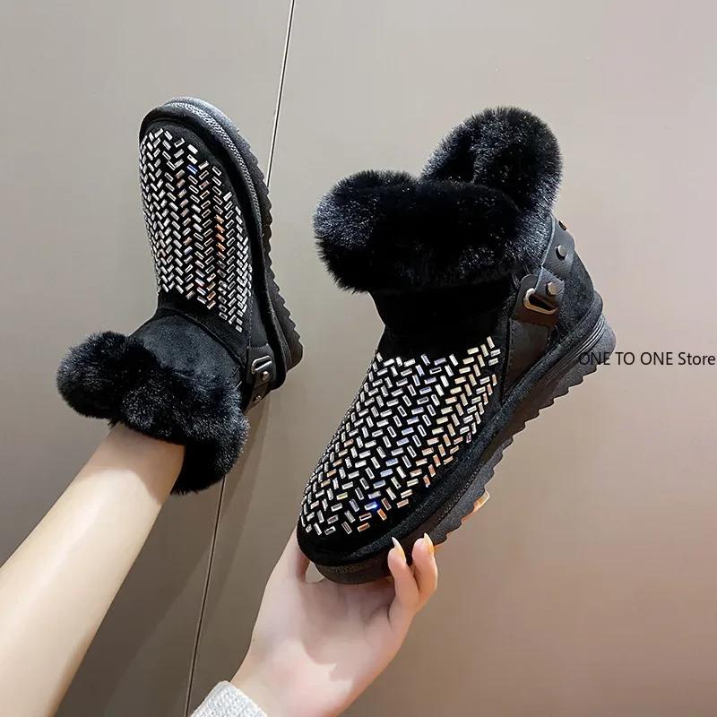 Fashion High Platform Shoes Winter Snow Boots Slip-on LazySeal Warm Real Mink Fur Shoes Women Luxury Crystal Hand Stitching Leather Boot
