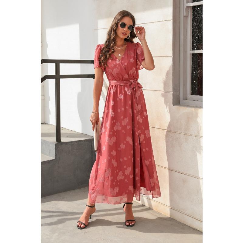 V-neck High-waisted Strappy Dress Jacquard Split Long Short-sleeved Dresses