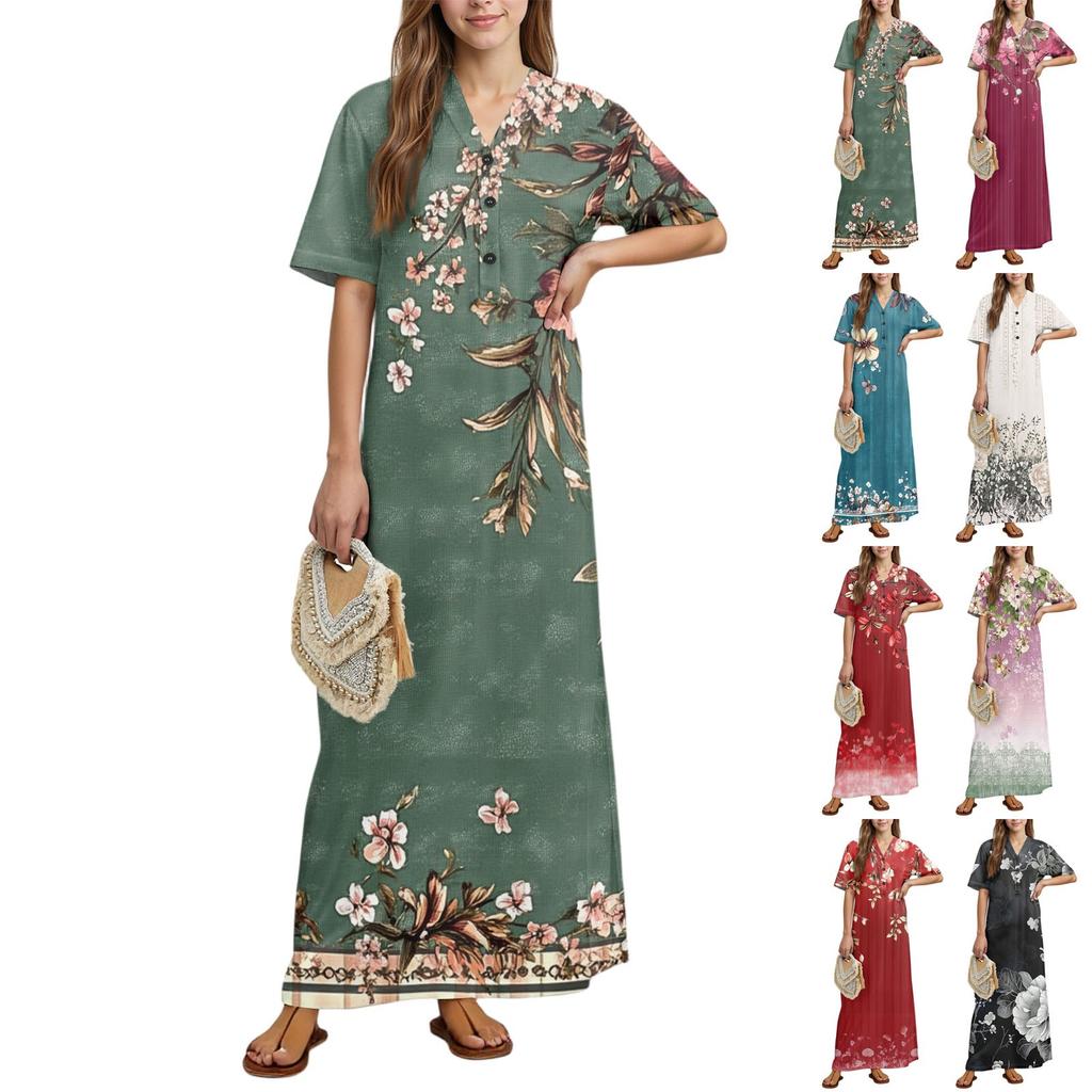 Women's Fashion Printed Nightgown Home Clothes Short Sleeve Nightgown With Pockets Long Dress