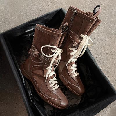 Cowhide Version~ Flat Bottom Inner Height Increase Martin Boots Women's 2025 New Boxing Boots Matte Leather Lace-up Short Boots German Training Boots