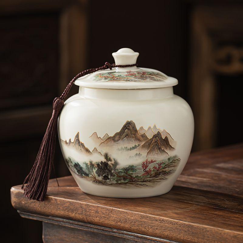 Vintage Mountain Scenery Pattern Ceramic Tea Caddy Moisture Seal Nut Candy Storage Jar Ink Ceramic Storage Bottle Art Decoration