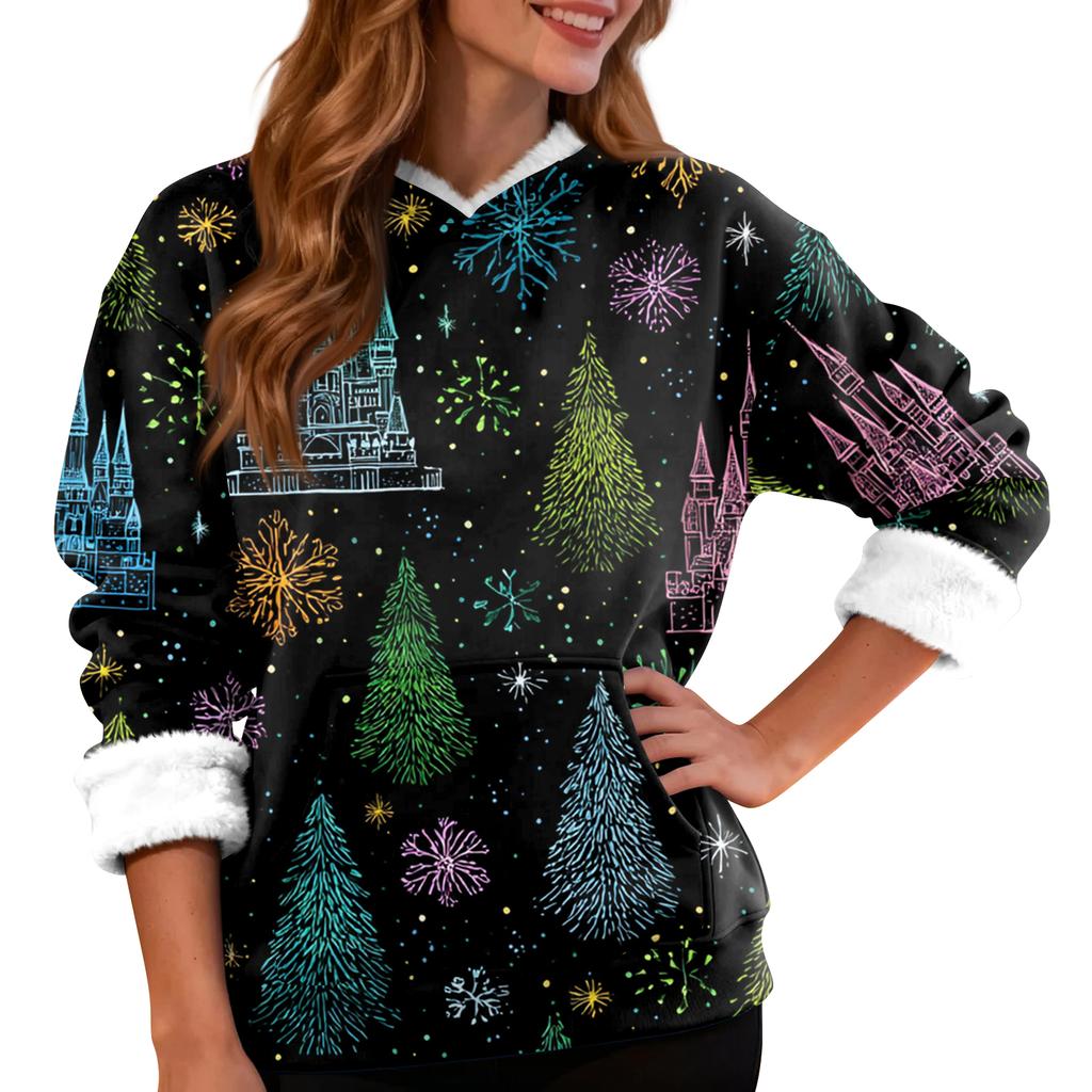 Dame Casual Mote Pluss Fløyel Fortykket Juleprint Hettegenser