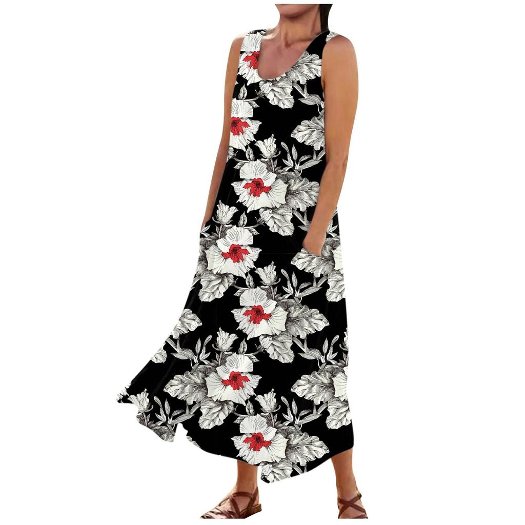 Women's Casual Comfortable Floral Print Sleeveless Cotton Pocket Dress