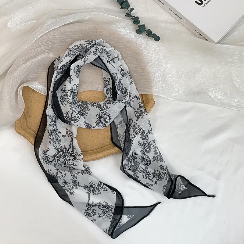 Long Silk Scarf Neck High-end Decorative Scarf Multi-functional Floral Headscarf Headband Hair Tie Waist Belt Streamer