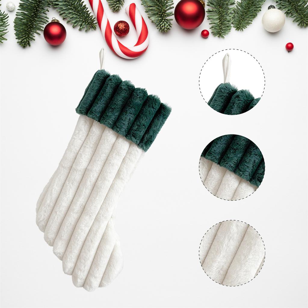 Plush Christmas Stocking Soft Faux Fur Vertical Channel Design Hanging Loop Holiday Decoration for Home Fireplace Mantel