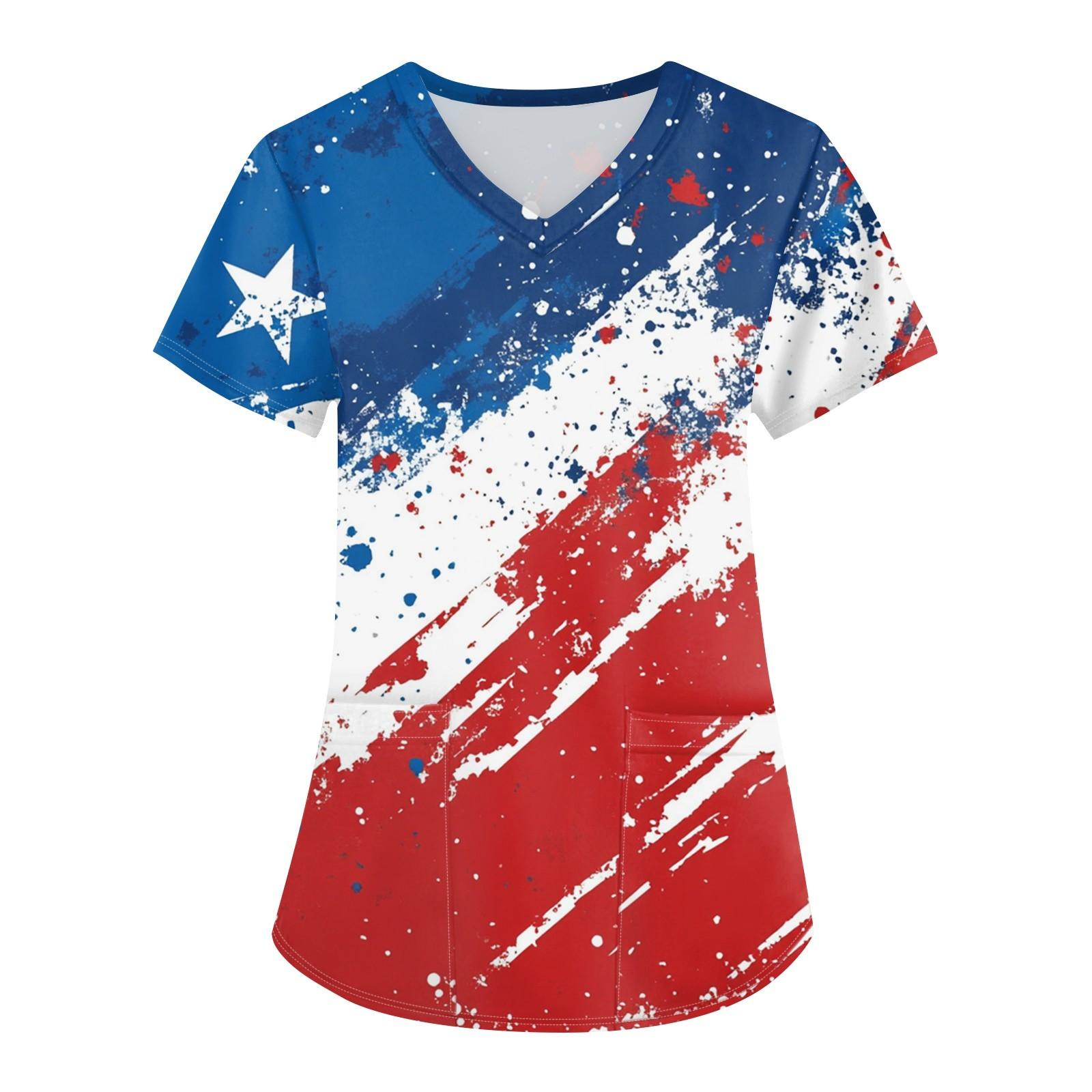 

Женская мода с v-образным вырезом, короткими рукавами и карманами, топы с принтом M красный